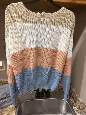 Almost Famous Striped Crewneck Sweater in Cream, Peach & Light Blue